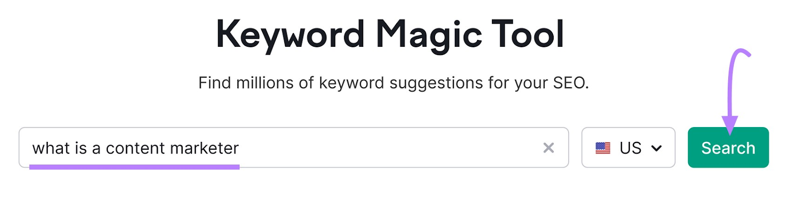 “what is a content marketer” entered in Keyword Magic Tool search bar