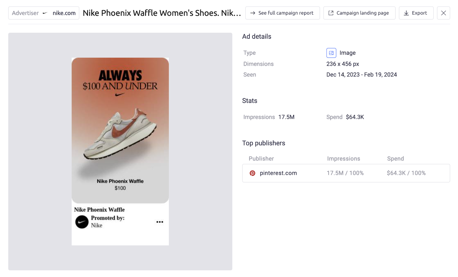 A page showing details for Nike Phoenix Waffle Women's Shoes ad