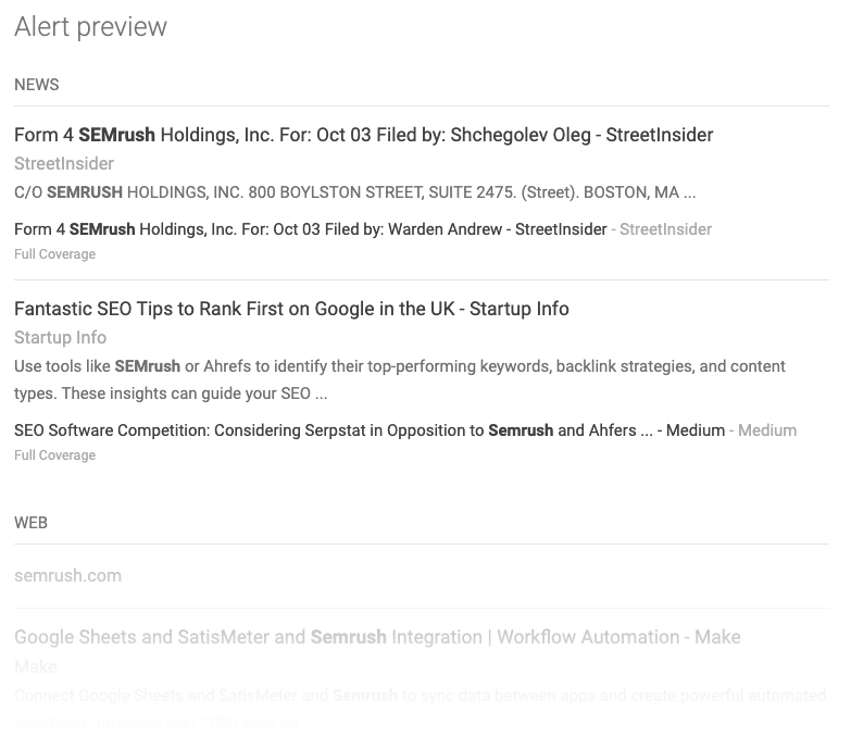 "Alert preview" section of Google Alerts