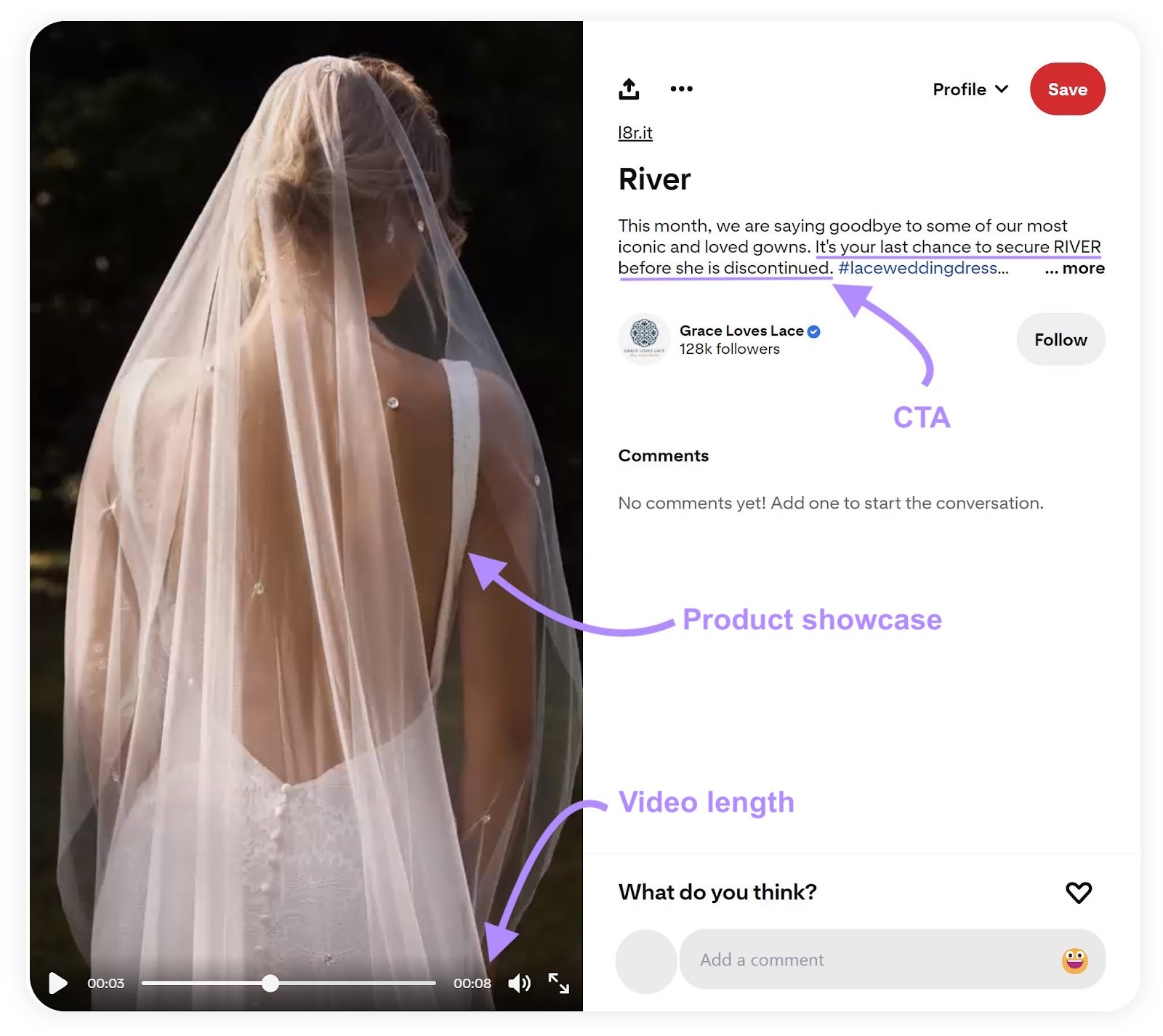 River's Pinterest video with CTA, merchandise  showcase, and video magnitude   elements marked