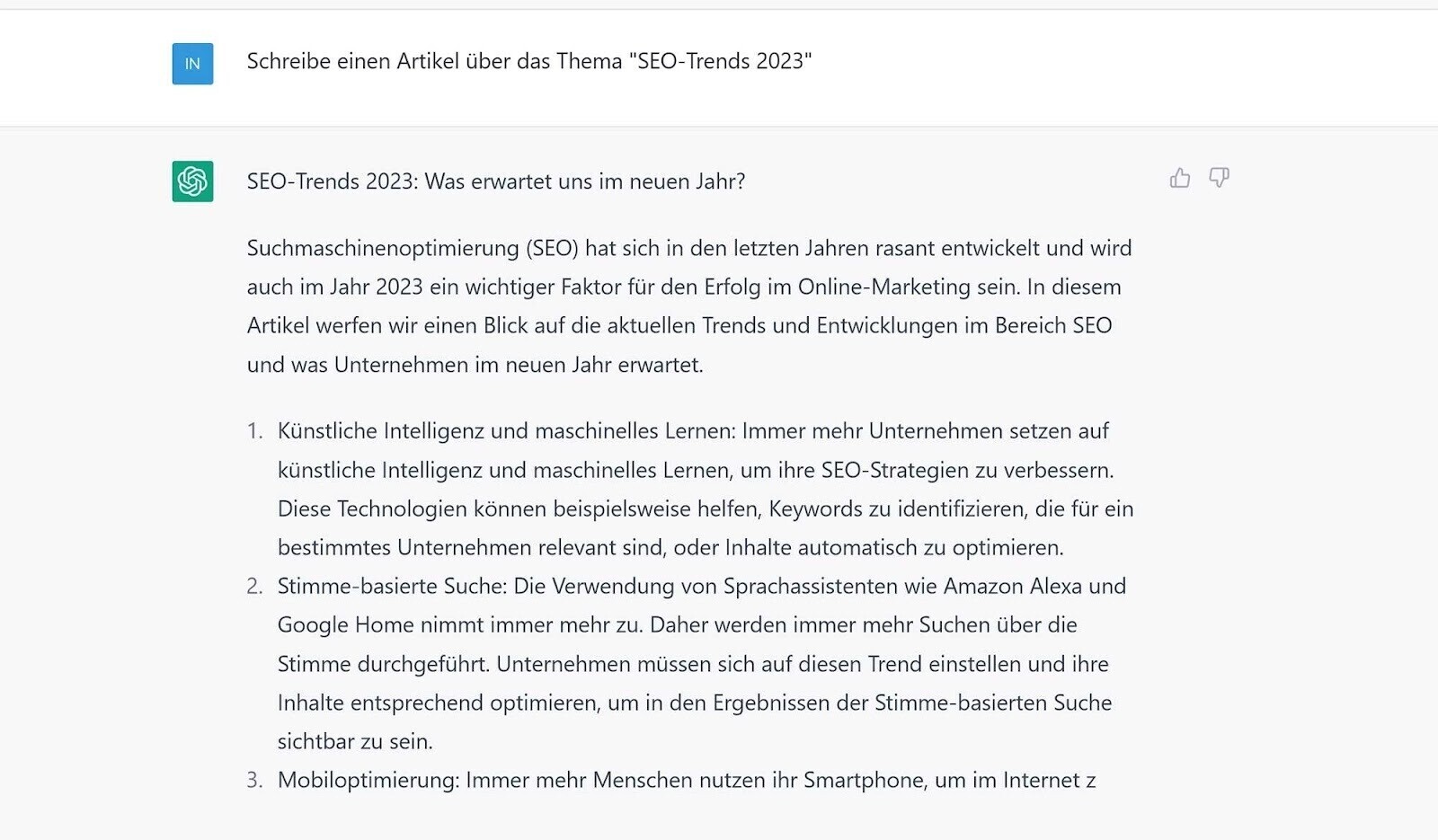 ChatGPT erzeugt den Anfang eines Artikels über SEO-Trends 2023