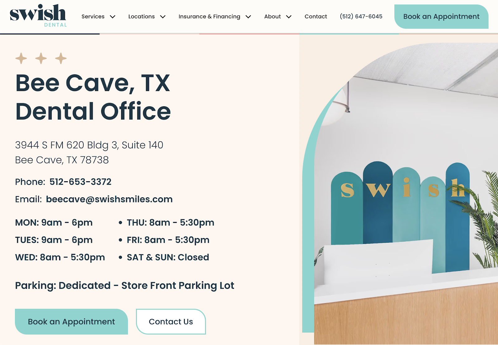 The dental office's location page includes nan address, relationship info, hours, parking specifications arsenic bully arsenic a CTA to book an duty and an image of nan office's interior.