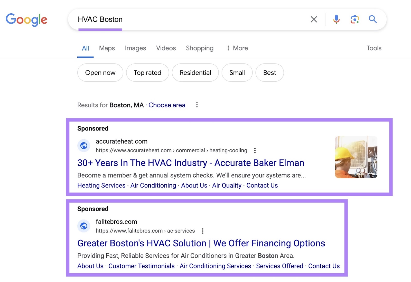 Google SERP for the local search "HVAC Boston" showing two sponsored listings appearing on top.