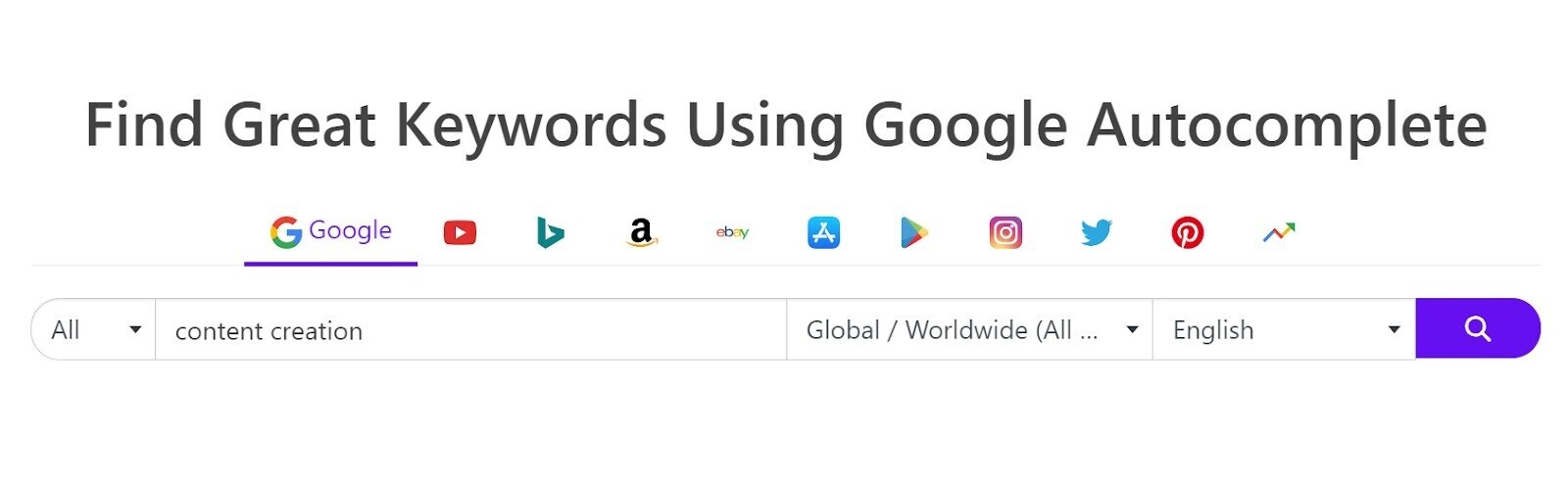 Keyword Tool page with title "Find Great Keywords Using Google Autocomplete"