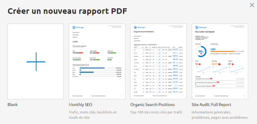 Semrush - Mes rapports - Créer un nouveau rapport PDF