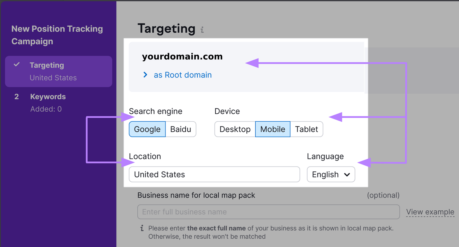 "Targeting" window in Position Tracking configuration settings