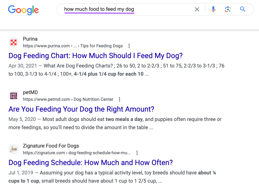 Google's SERP for “how much food to feed my ”