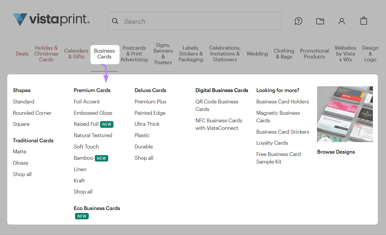 Hovering over "Business Card" in Vistaprint’s navigation, opens a well-organized drop-down menu
