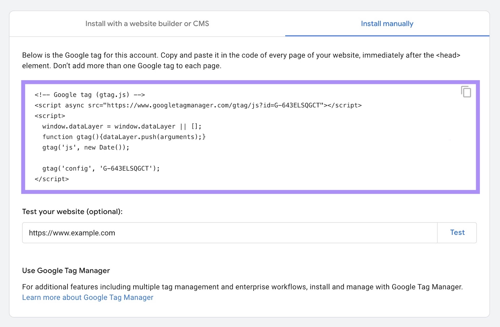 Google tag code snippet to install manually or through a CMS.