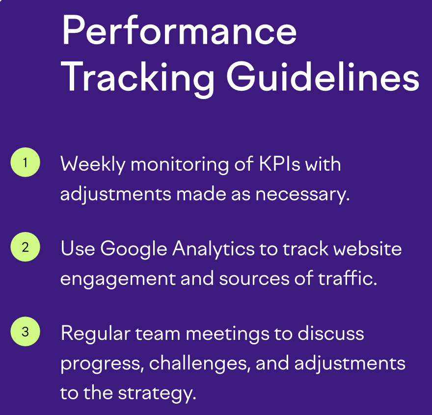 A performance tracking guidelines outlined in the marketing plan sample