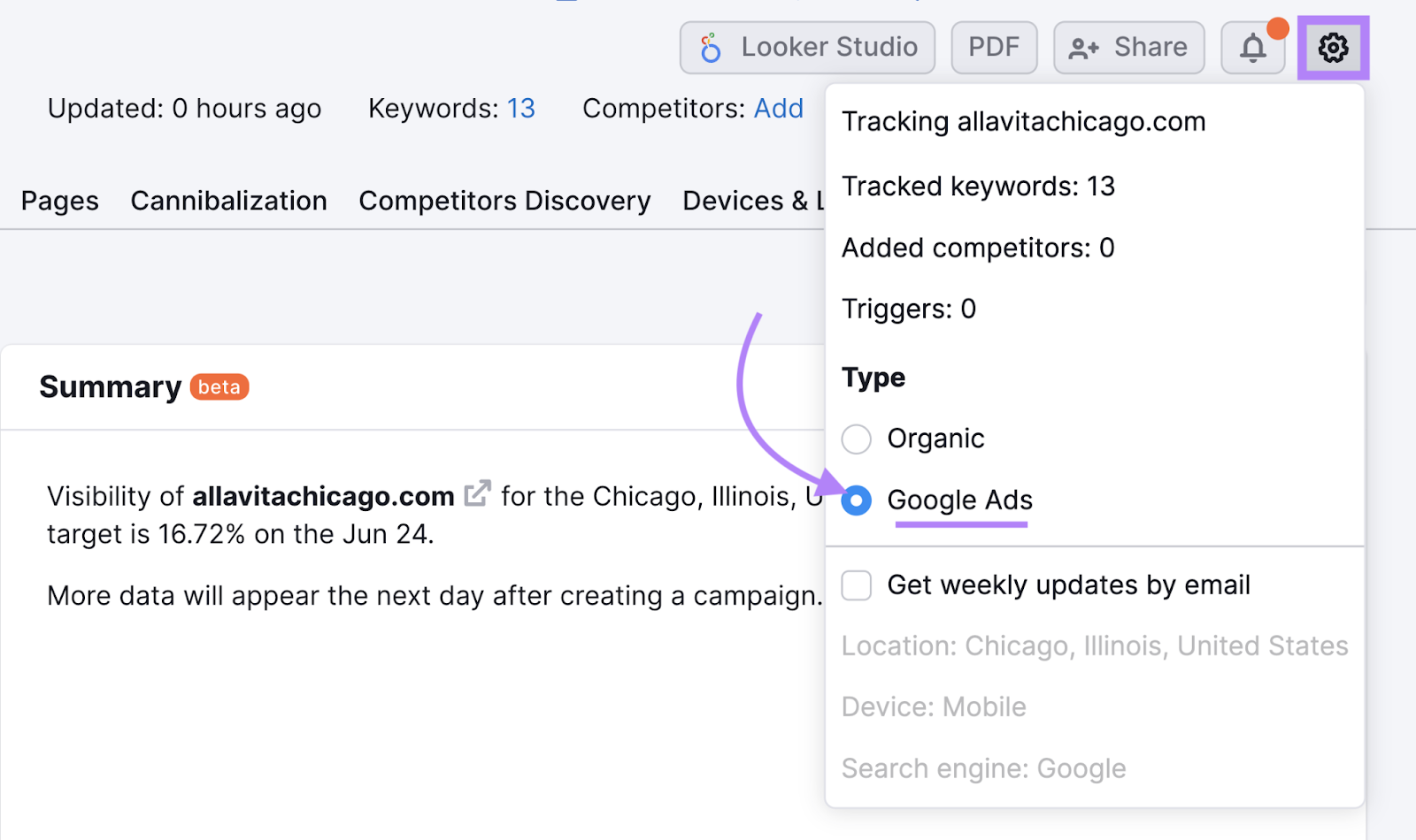 cog button selected and google ads option highlighted