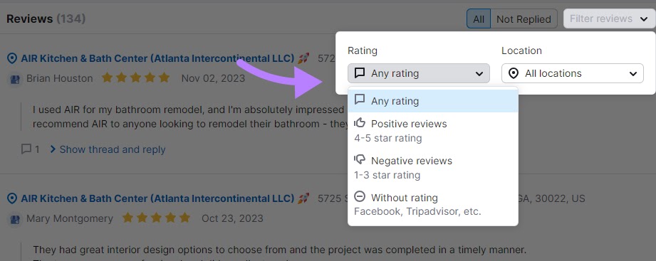 “Filter reviews” drop-down menu opened