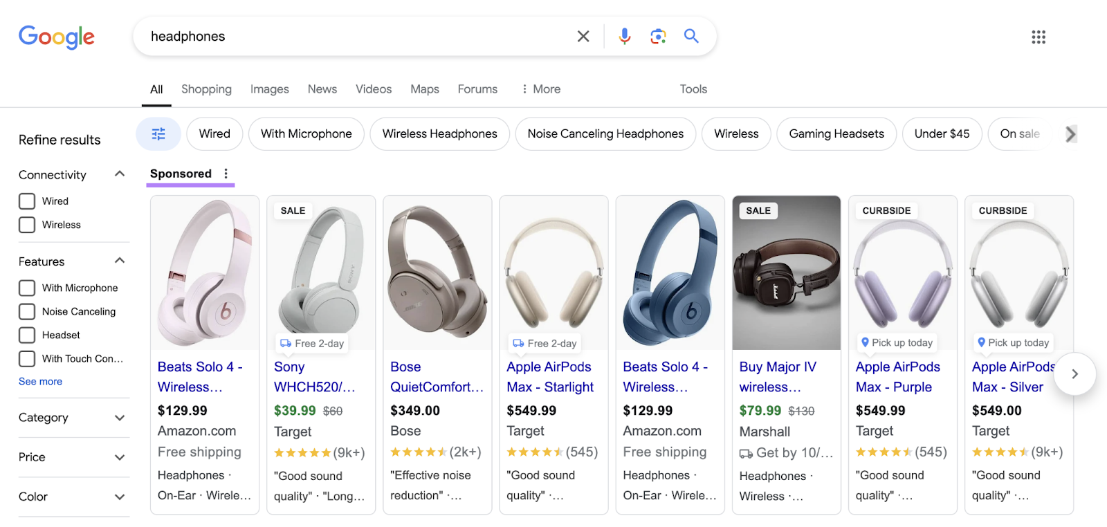 Search for headphones shows sponsored products at the top of the SERP