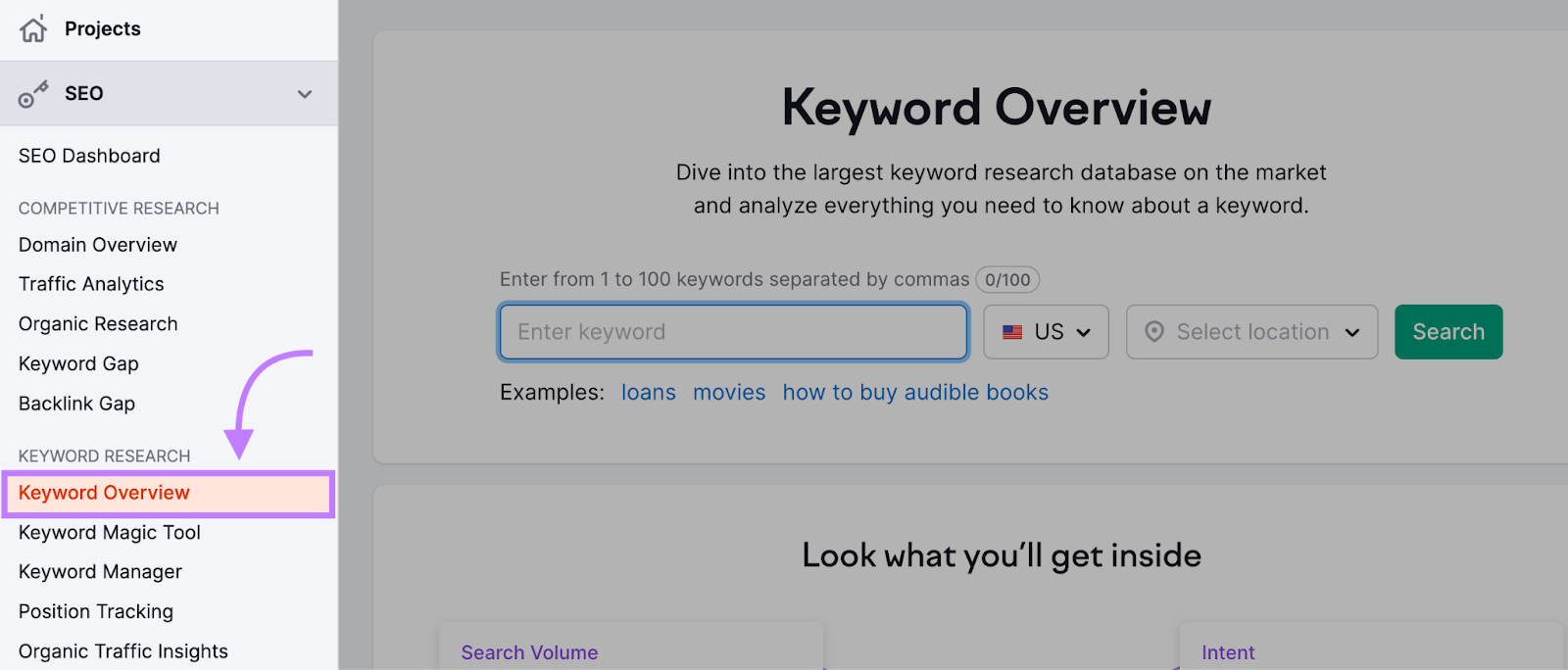 “Keyword Overview” highlighted in menu