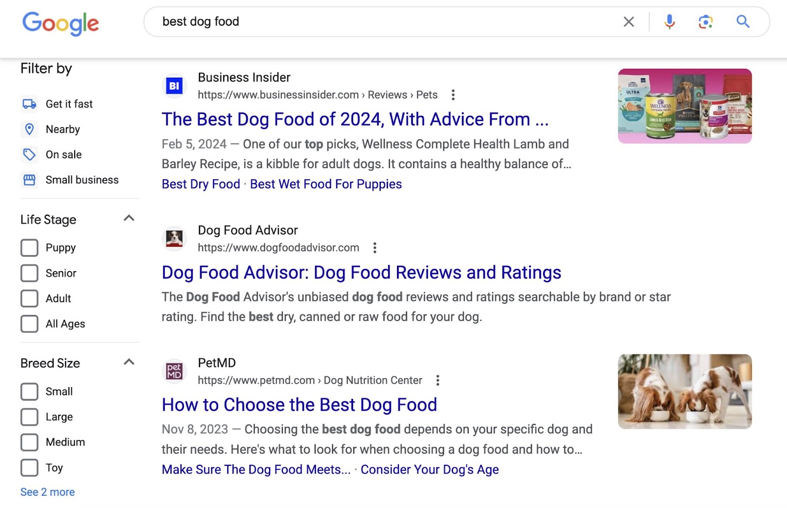 "En iyi köpek maması" sorgusu için Google'ın SERP'sinin üst bölümü