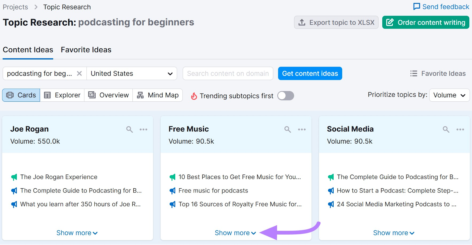 Content Ideas on Topic Research with "Show more" button on a topic card clicked.
