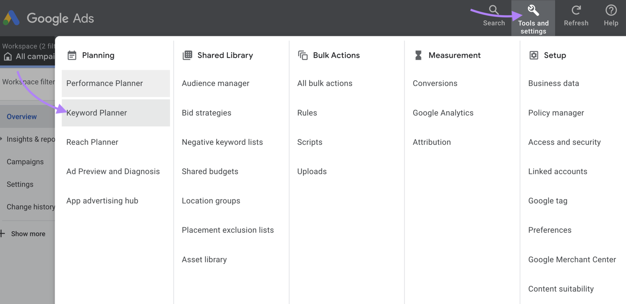 google ads to keyword planner navigation