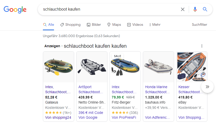 Screenshot: Shopping-Ergebnisse