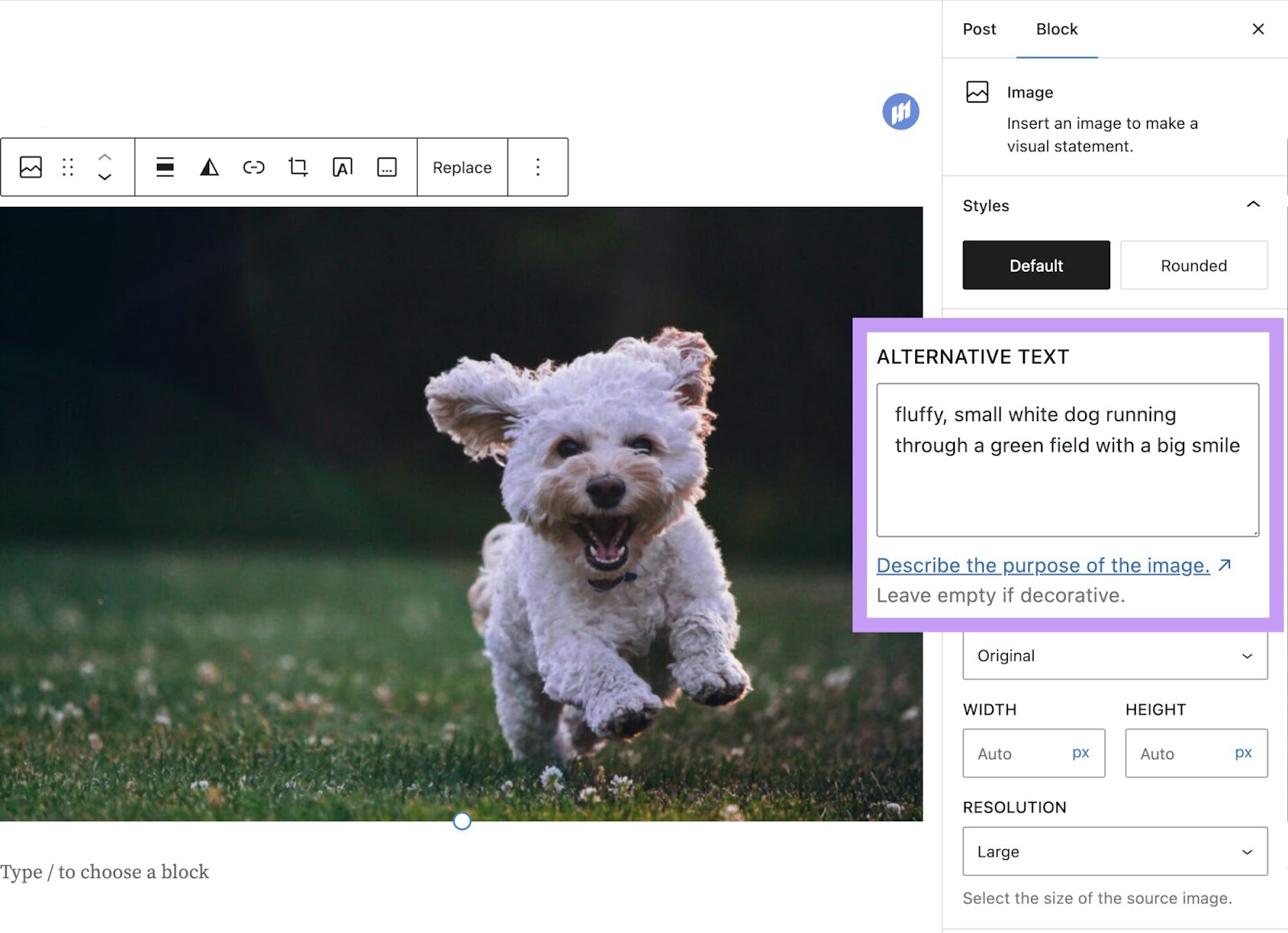 Box for alt substance   successful  WordPress highlighted with the substance   "fluffy, tiny  achromatic  canine  moving  done  a greenish  tract  with a large  smile" entered into the box