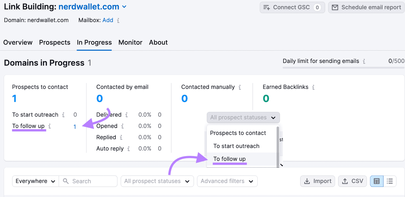 Link Building Tool helps you track the emails that haven’t received a response in seven days