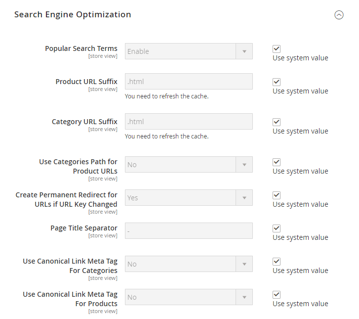 Sección "Optimización para motores de búsqueda" en Magento 2