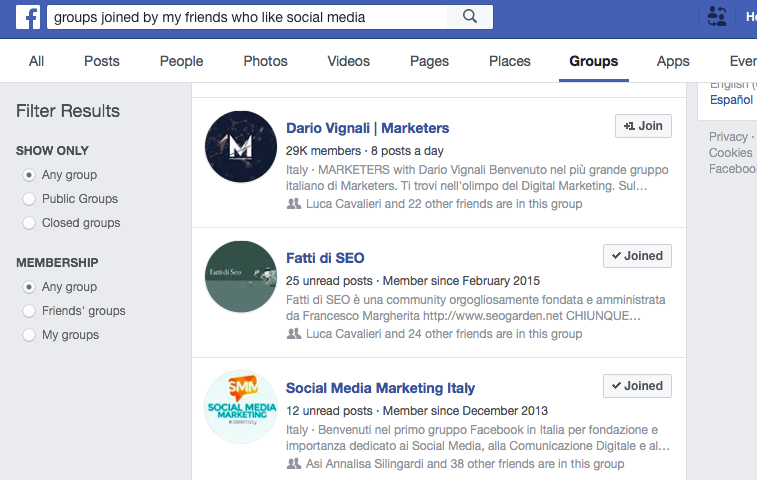 Query Facebook graph search per cercare gruppi