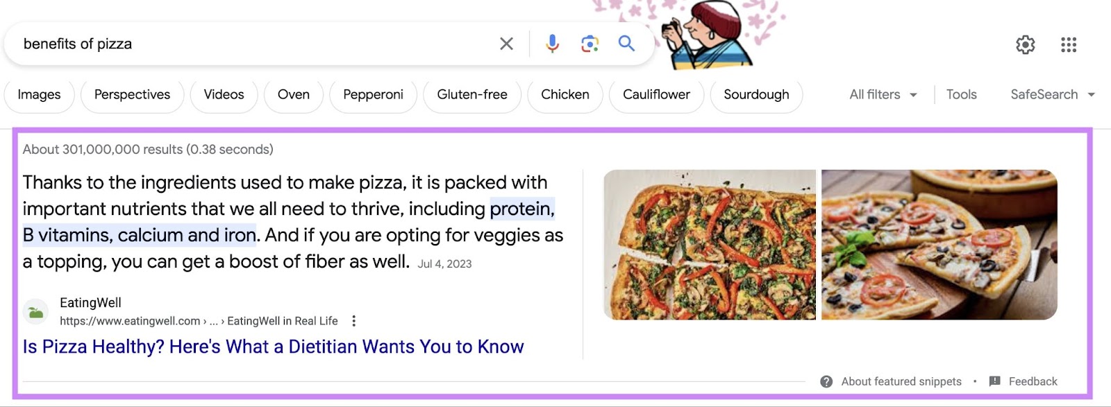 A featured snippet on Google SERP for "benefits of pizza" query