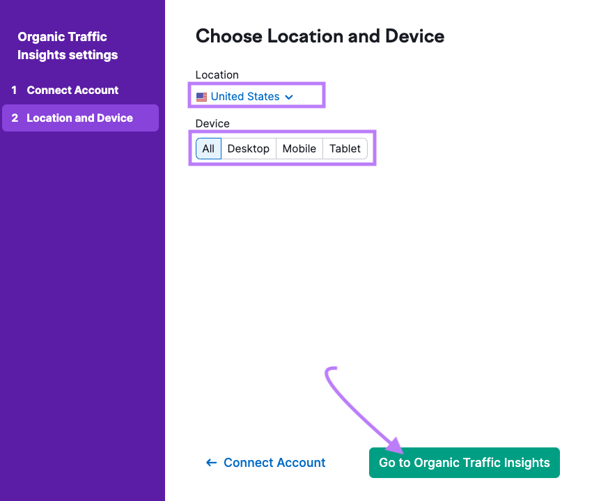 "Choose Location and Device" setup window in Organic Traffic Insights