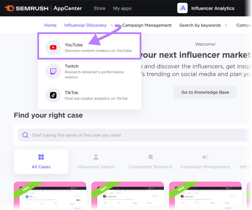 "YouTube" enactment    selected nether  "Influencer Discovery" drop-down paper   successful  Influencer Analytics tool