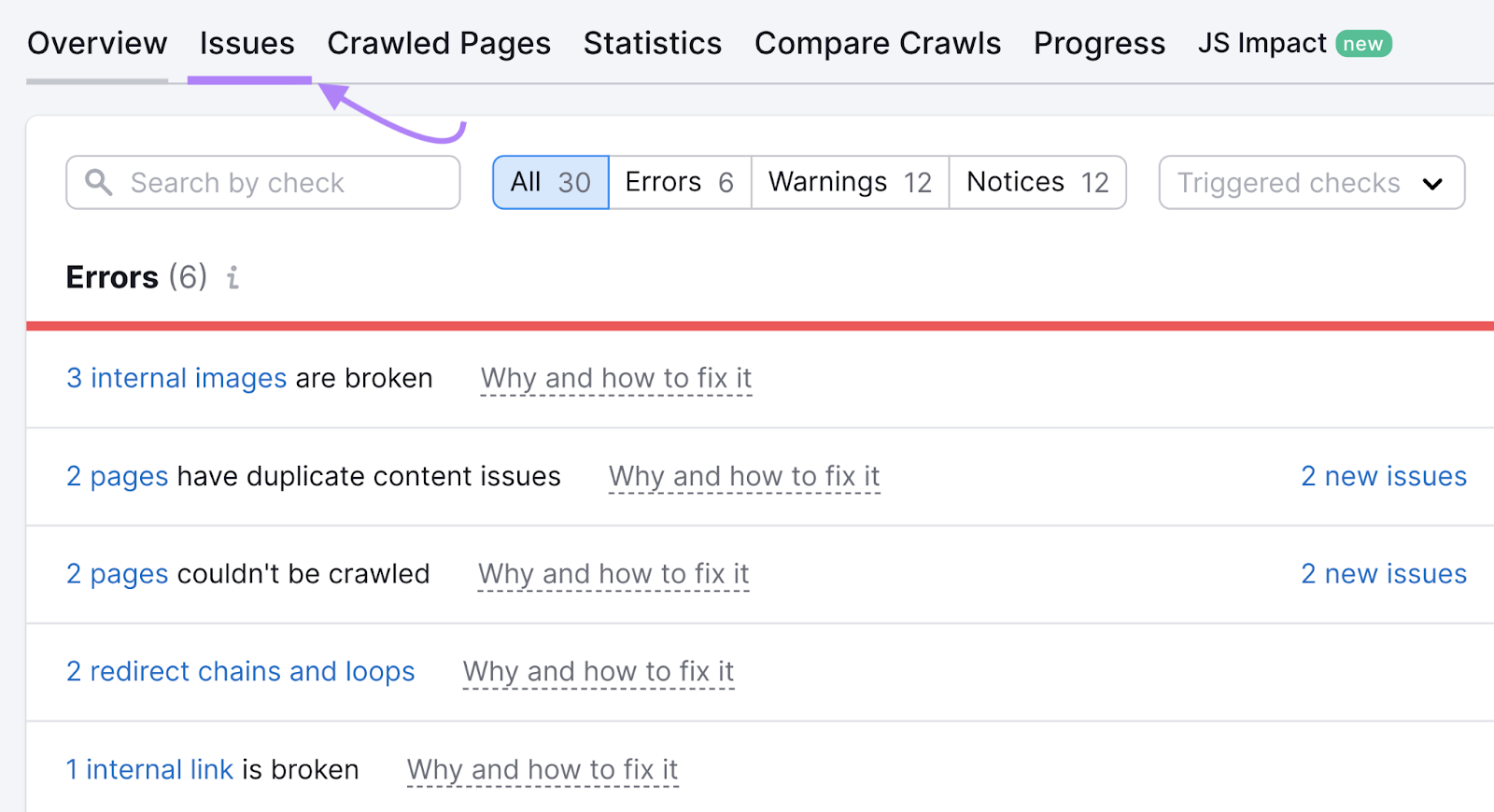 “Issues” tab in Site Audit tool