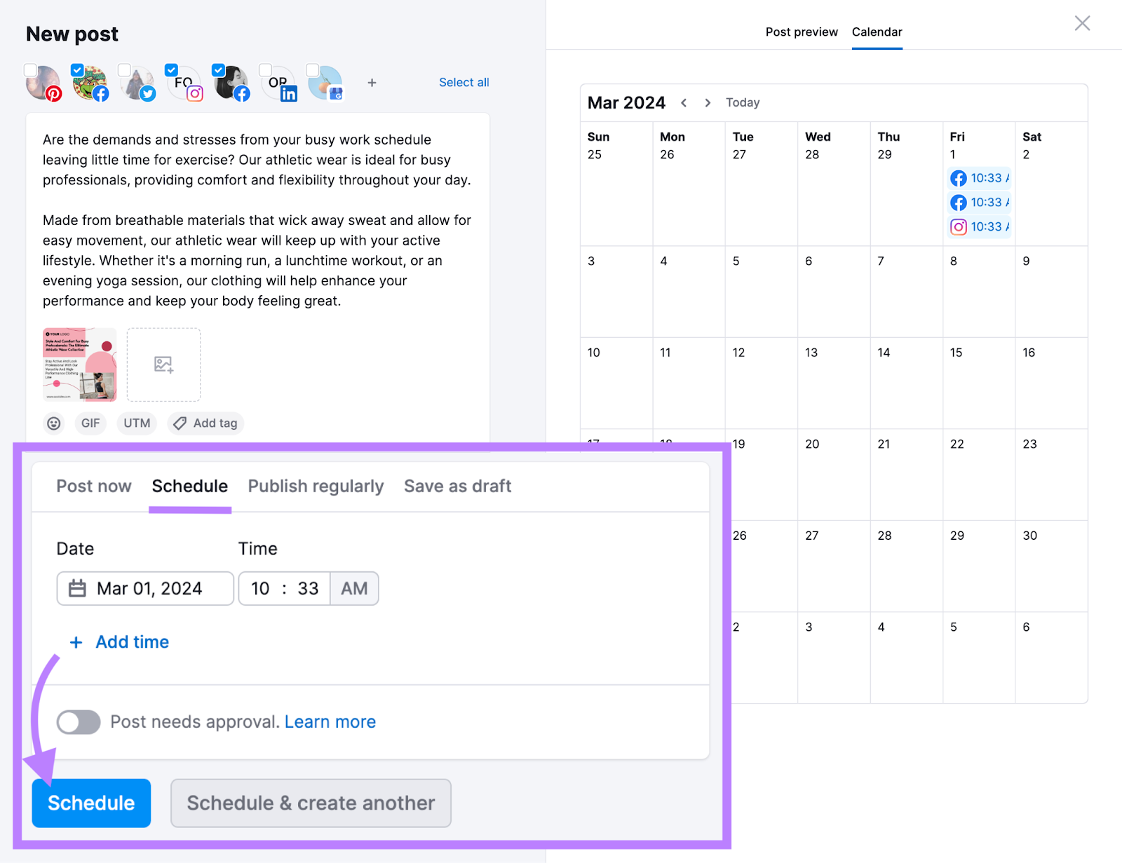 Scheduling a post in Semrush Social