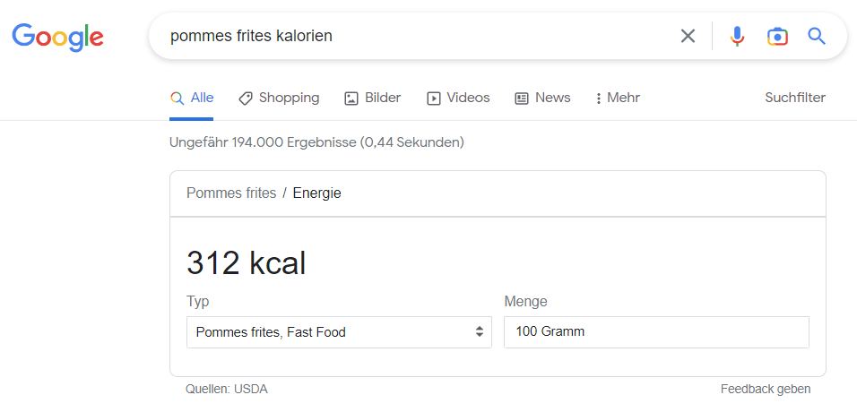 Sofortantwort im Google-Suchergebnis
