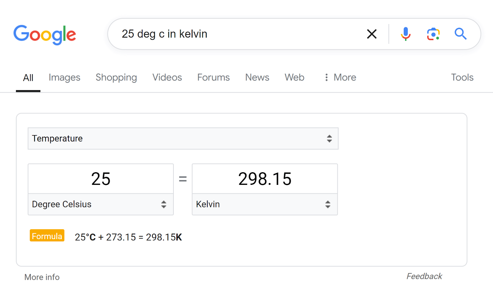 Google SERP for '25 deg c in kelvin'