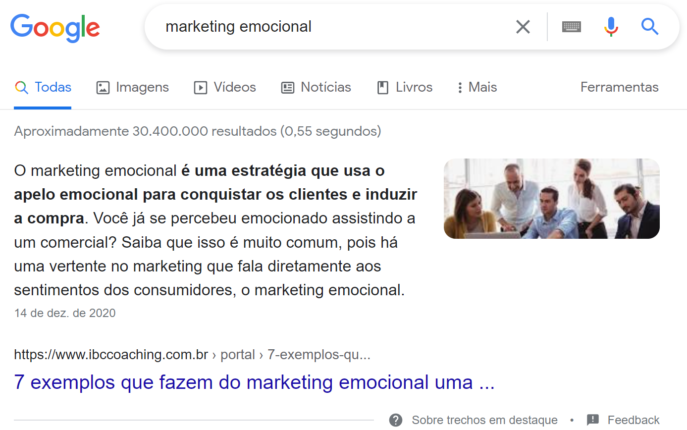 como melhorar seo - exemplo serp google com featured snippet