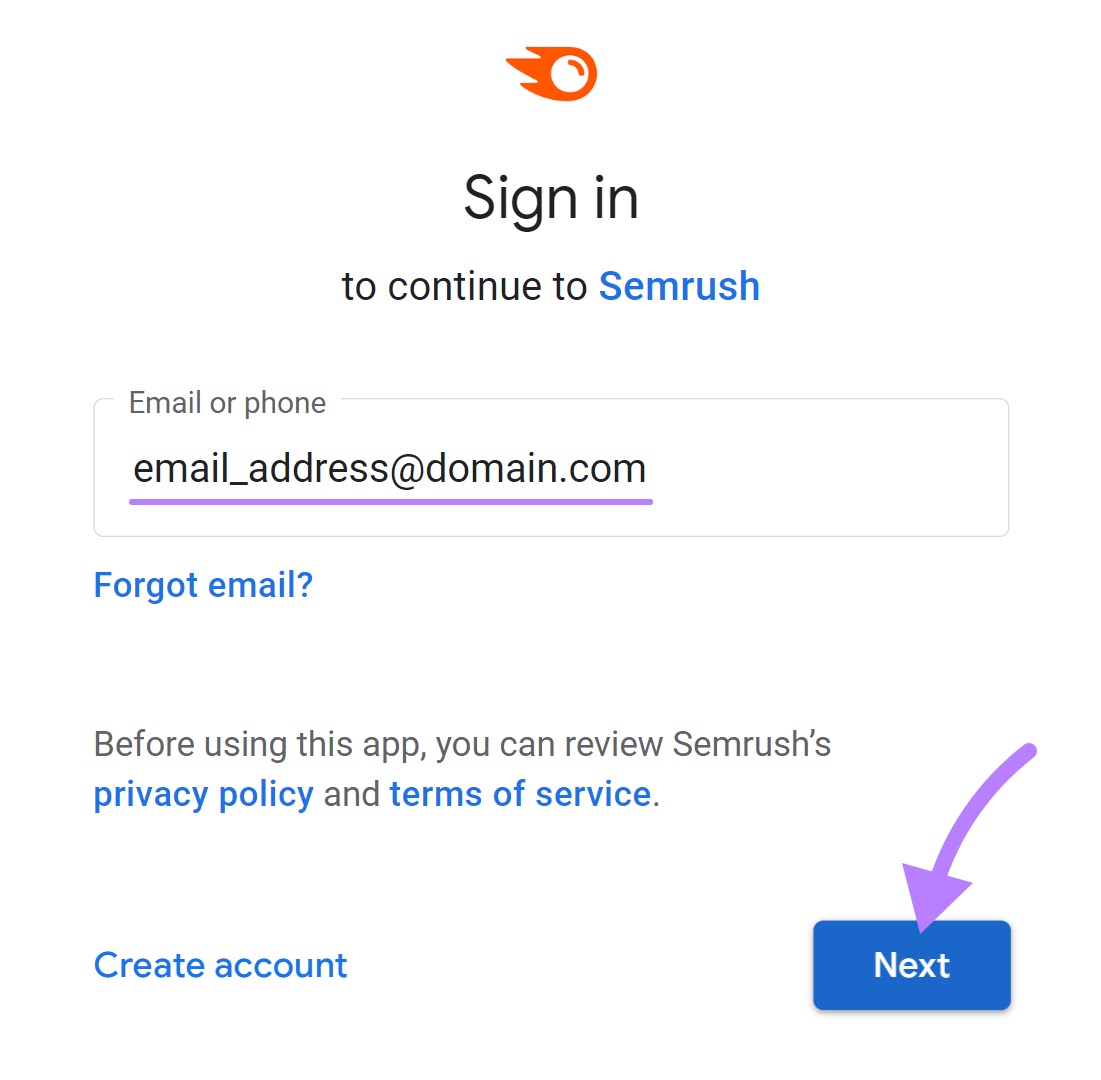 "Sign in to continue to Semrush" window