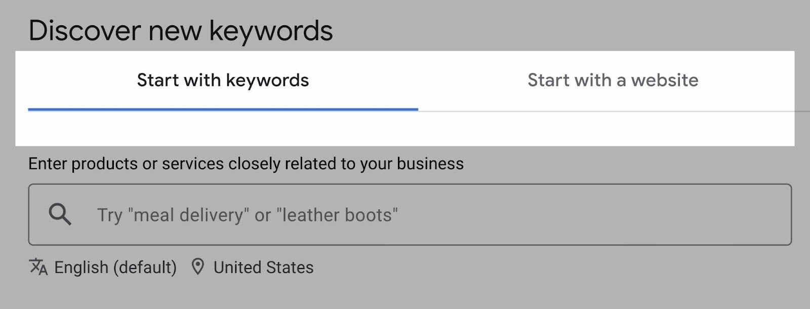 Start with keywords option highlighted
