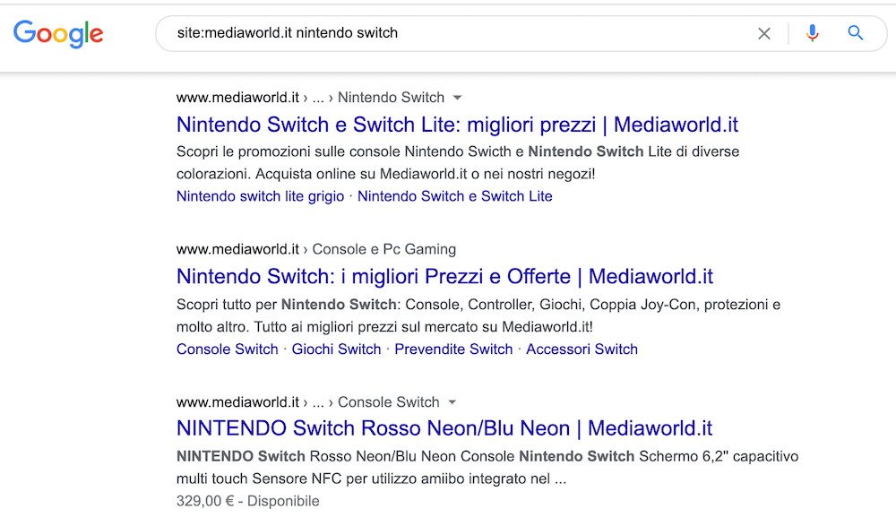 risultati di ricerca per keyword con operatore site: per trovare cannibalizzazione