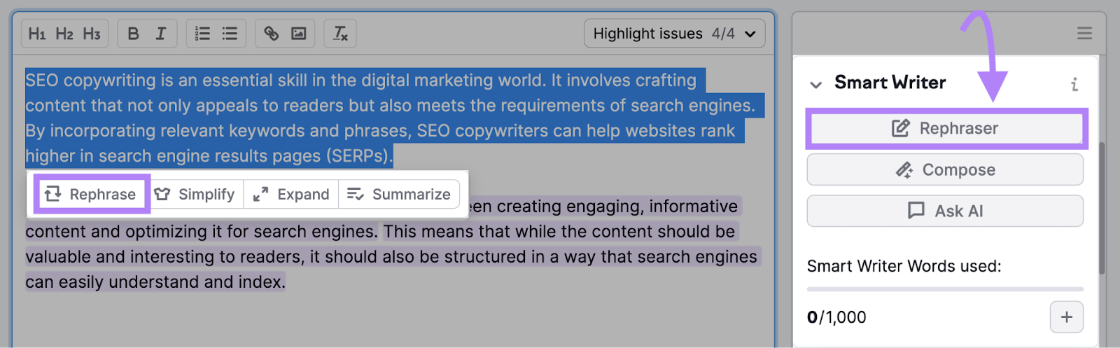 Highlighting a text to rephrase in SEO Writing Assistant