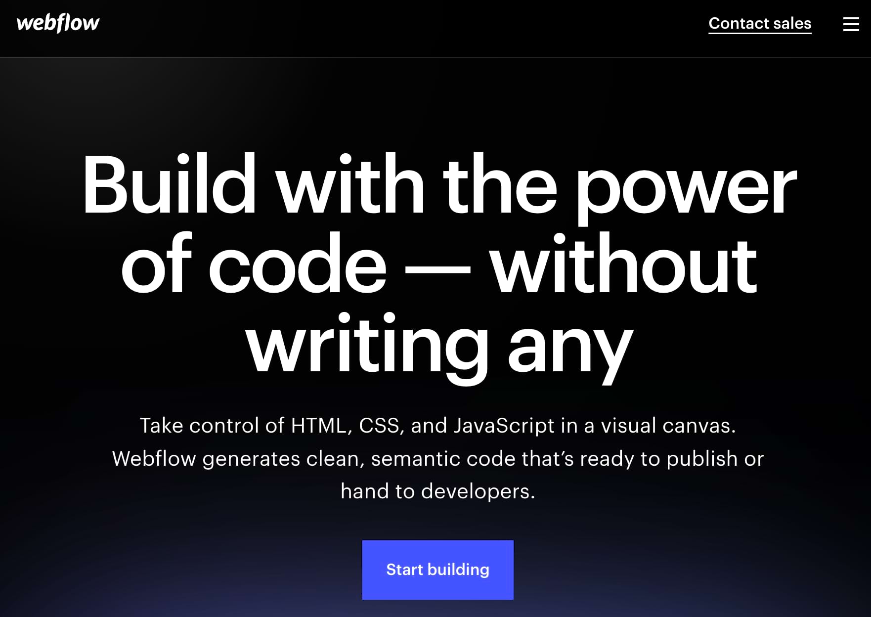 Page de destination de Webflow avec le slogan "Construisez avec la puissance du code - sans en écrire"