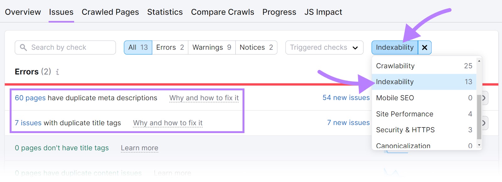 “Indexability” selected from the “Category” drop-down menu in Site Audit