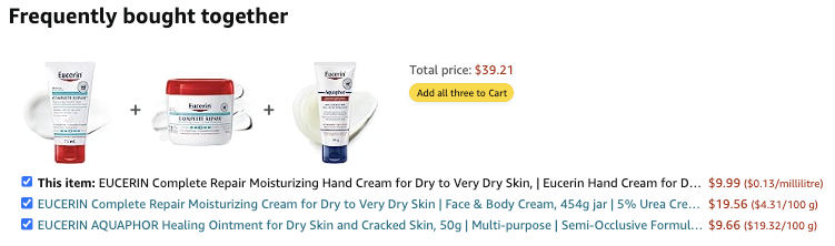 "Frequently bought together" section groups Eucerin’s face & body cream and a healing ointment with hand cream