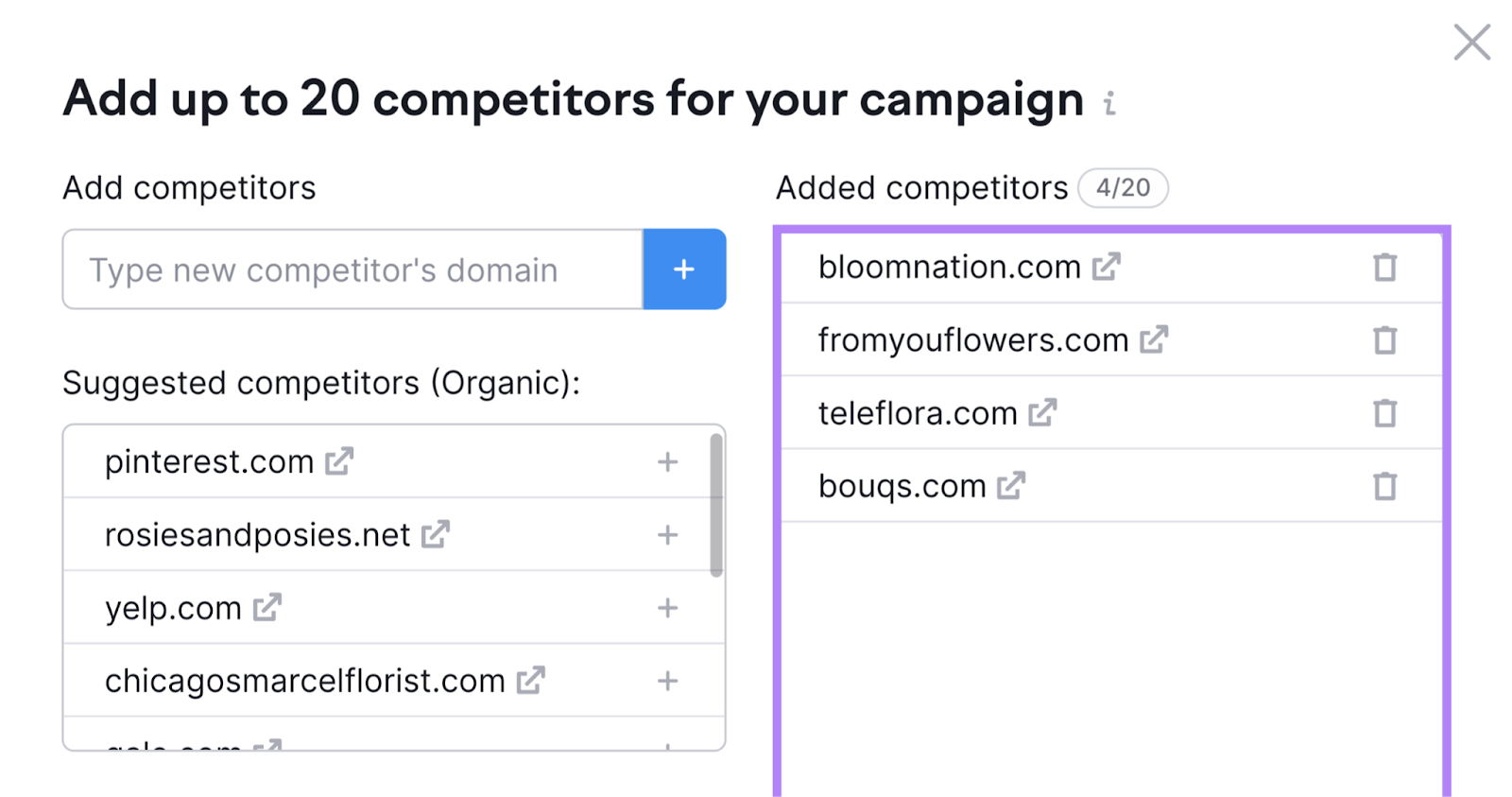 Add up to 20 competitors for your campaign in Position Tracking tool