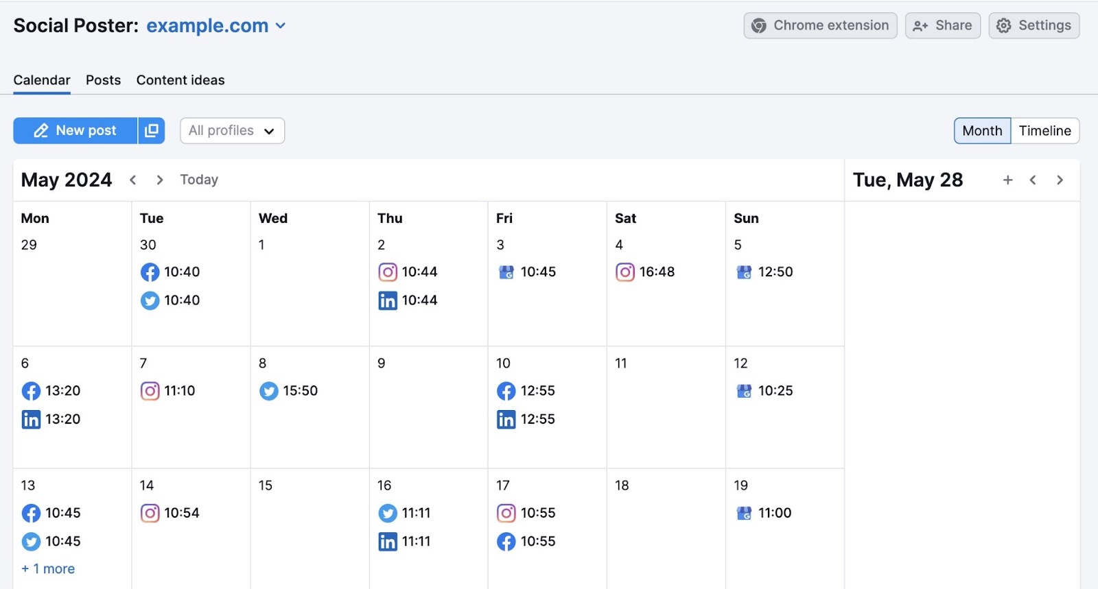 Calendar view on Social Poster with posts scheduled across different social media platforms.