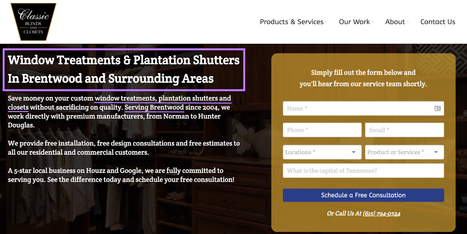 "Window Treatments & Plantation Shutters In Brentwood and Surrounding Area" landing page