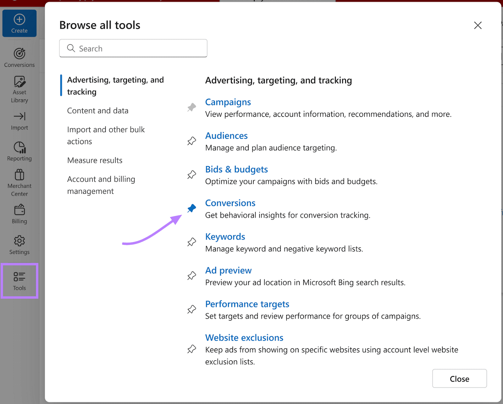 Navigating to conversions section in Microsoft Ads