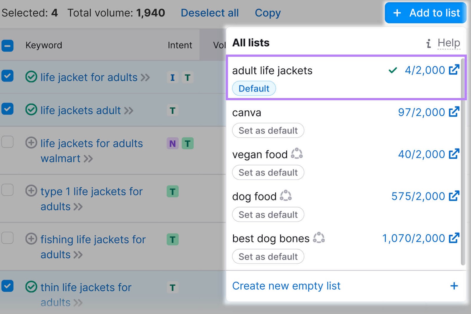 Keyword Magic Tool with an "+ Add to list" dialog on the right, showing a newly created keyword list in a purple box.