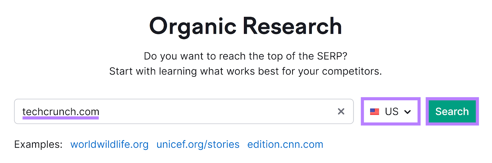Semrush Organic Research tool start with domain, country, and search button highlighted