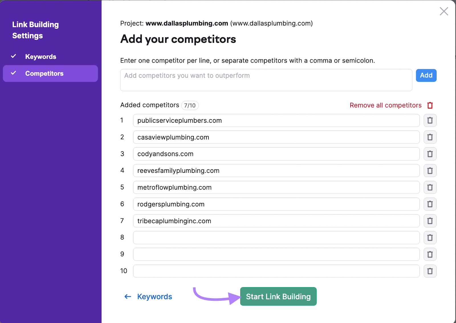 "Add your competitors" page in Link Building Tool setup