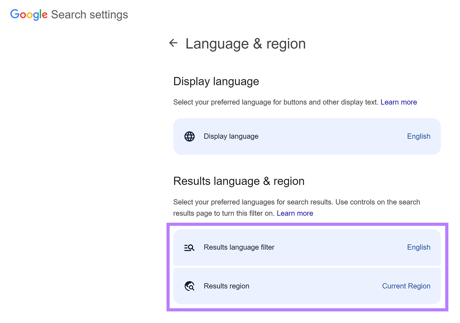 Google Language and region search settings page with Results language filter and region setting area highlighted