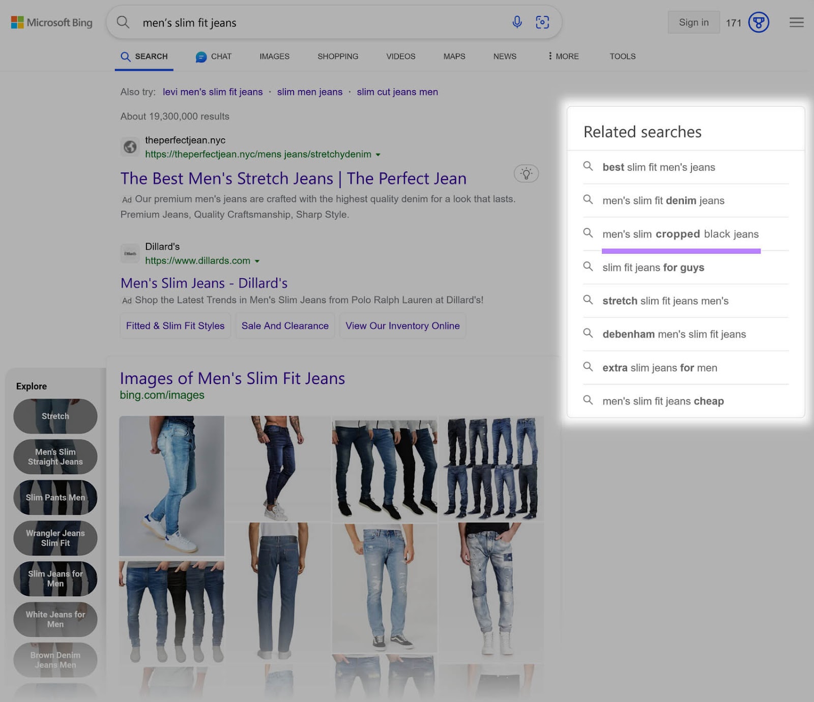 "Related searches" conception  highlighted connected  Bing's SERP